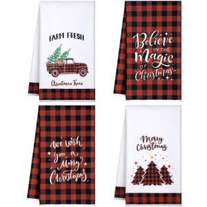 Patelai 4 Pack Christmas Kitchen Towels Buffalo Plaid Tea Dishtowels Farmhouse Winter Bathroom Hand Towels Christmas Decorations for Kitchen Holiday Xmas Housewarming Gifts(Red Black,Tree)