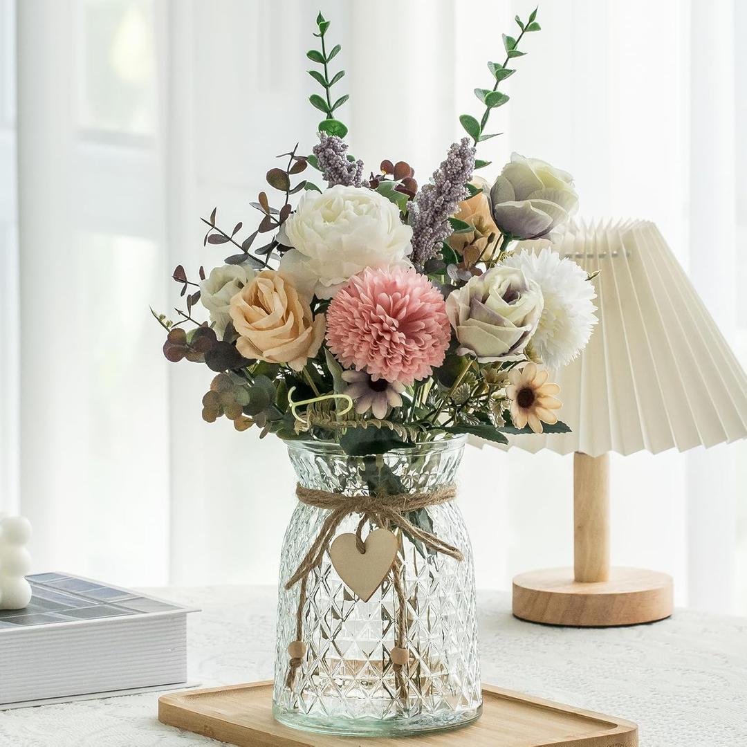 Fake Flowers with Vase, Faux Peony Silk Flowers for Home Decor, Coffee Table, Living Room, Bathroom Plant Decor, Centerpiece Table Decorations (White)