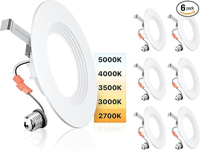 Ensenior 5/6 Inch 5CCT LED Can Lights 6 Pack, Retrofit Led Recessed Lighting, Baffle Trim, Dimmable, 9W=110W, 1000LM, 2700K/3000K/3500K/4000K/5000K Selectable, IC Rated - FCC Certified