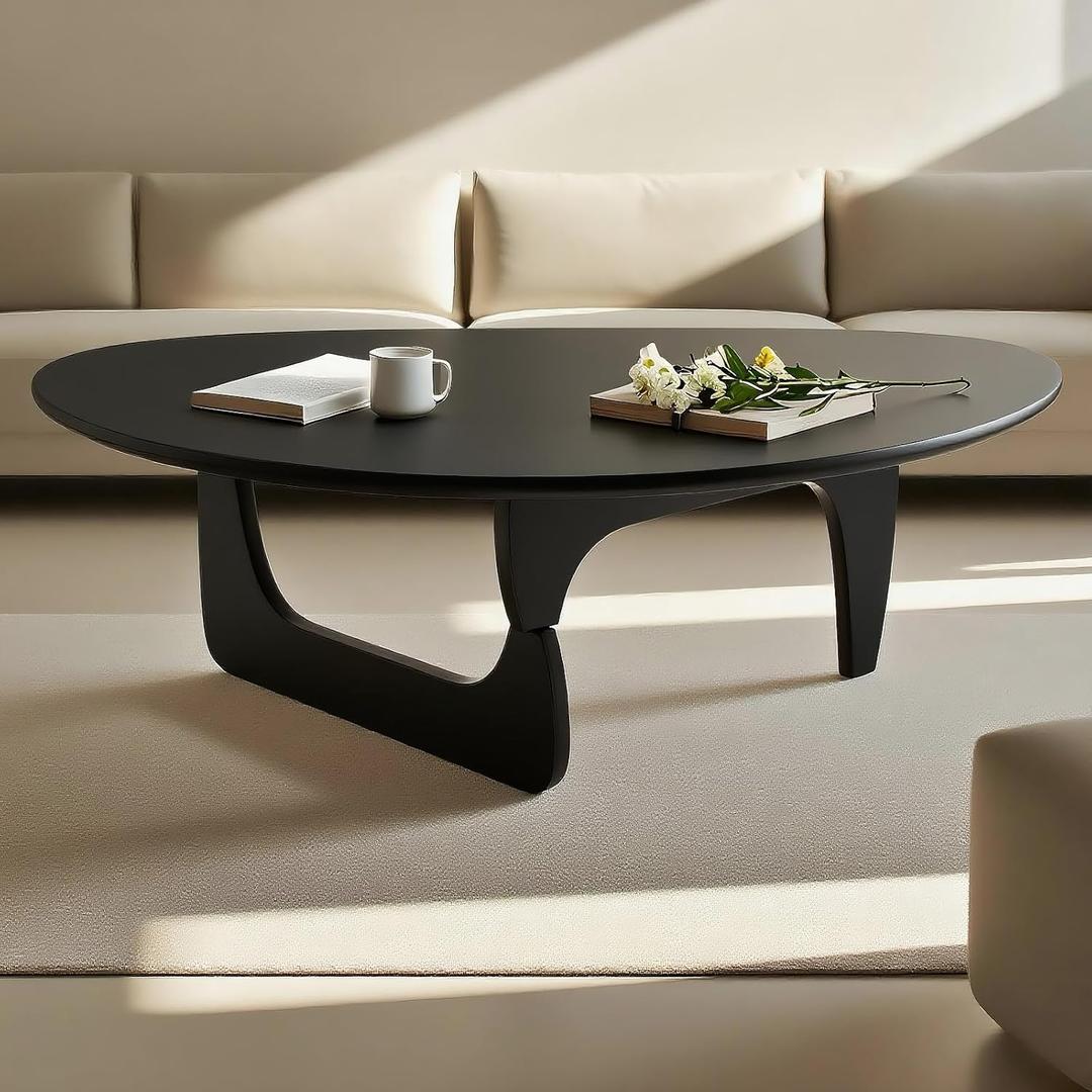 Modern Triangle Coffee Table: Unique Funky Soild Wood Coffee Tables for Living Room, Wooden Oval Mid-Century Modern Abstract Tea Tables for Patio Office Balcony (Black, 43" L x 31" W x 16" H)