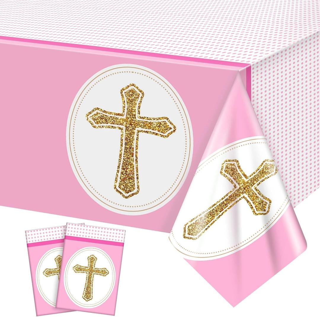 2 x Oudain 2 Pcs Girls First Communion Decorations Tablecloths Pink Baptism Communion Cross Table Covers Newborn Baby Girl Shower Table Cloth for 6 or 8 Foot Bible Party Decor