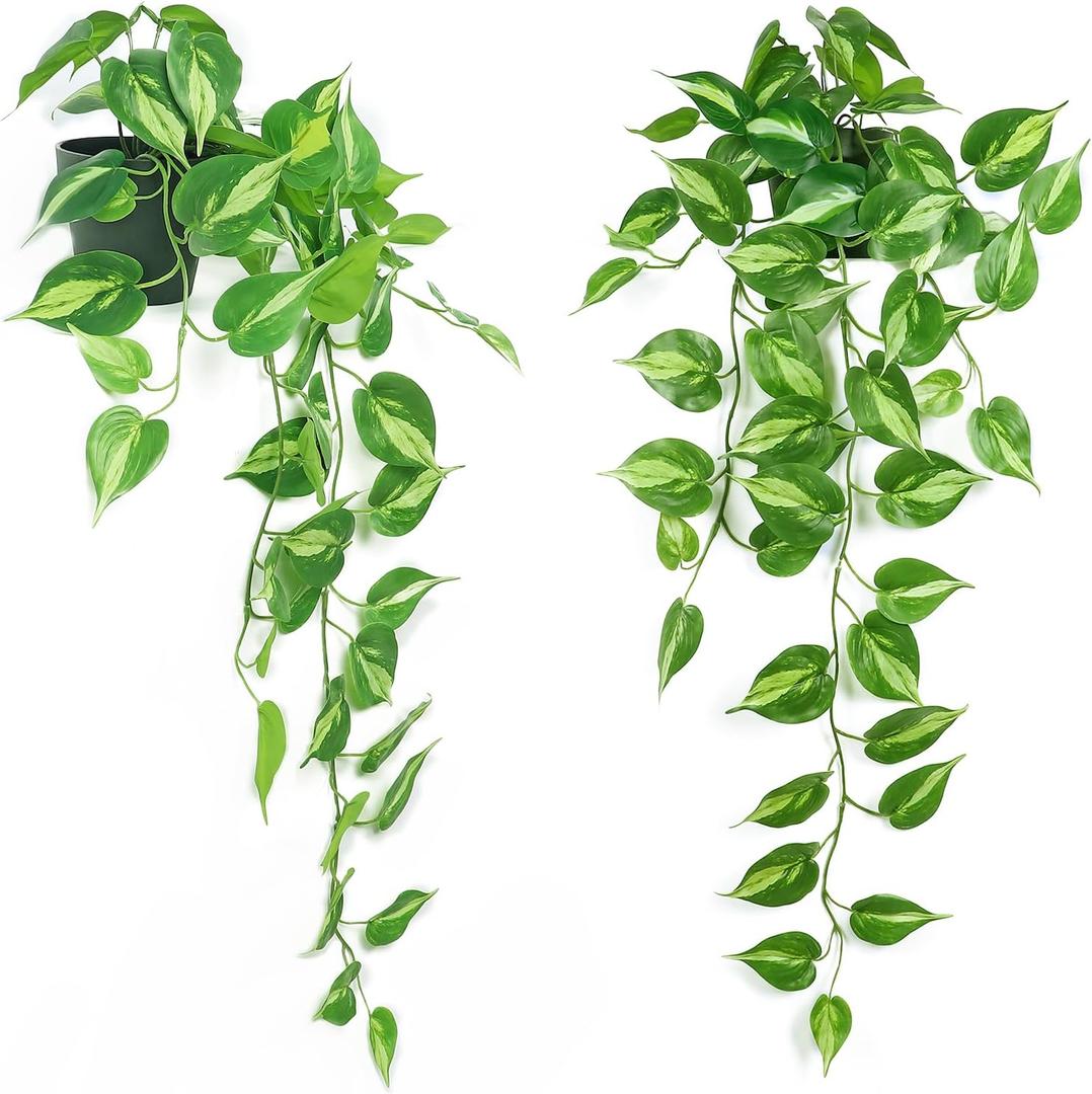 Realistic Artificial Pothos Vines with Pots - Fake Hanging Plants for Indoor Decor, Low Maintenance Silk Faux Greenery (2 PCS)
