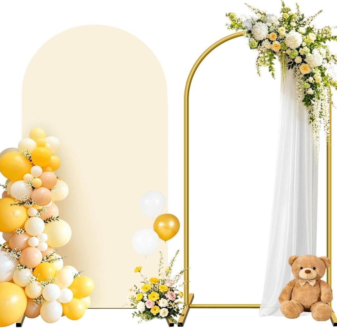 Metal Arch Backdrop Stand and Cover Set (Beige, 7.2 ft), Wedding Arch Stand with Beige Cover for Baby Shower, Party, Birthday, Wedding, Bridal Shower