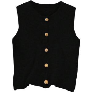 Women's Button Down Sweater Vest Sleeveless Crewneck Knit Outerwear Old Money Knitwear (Black) Small