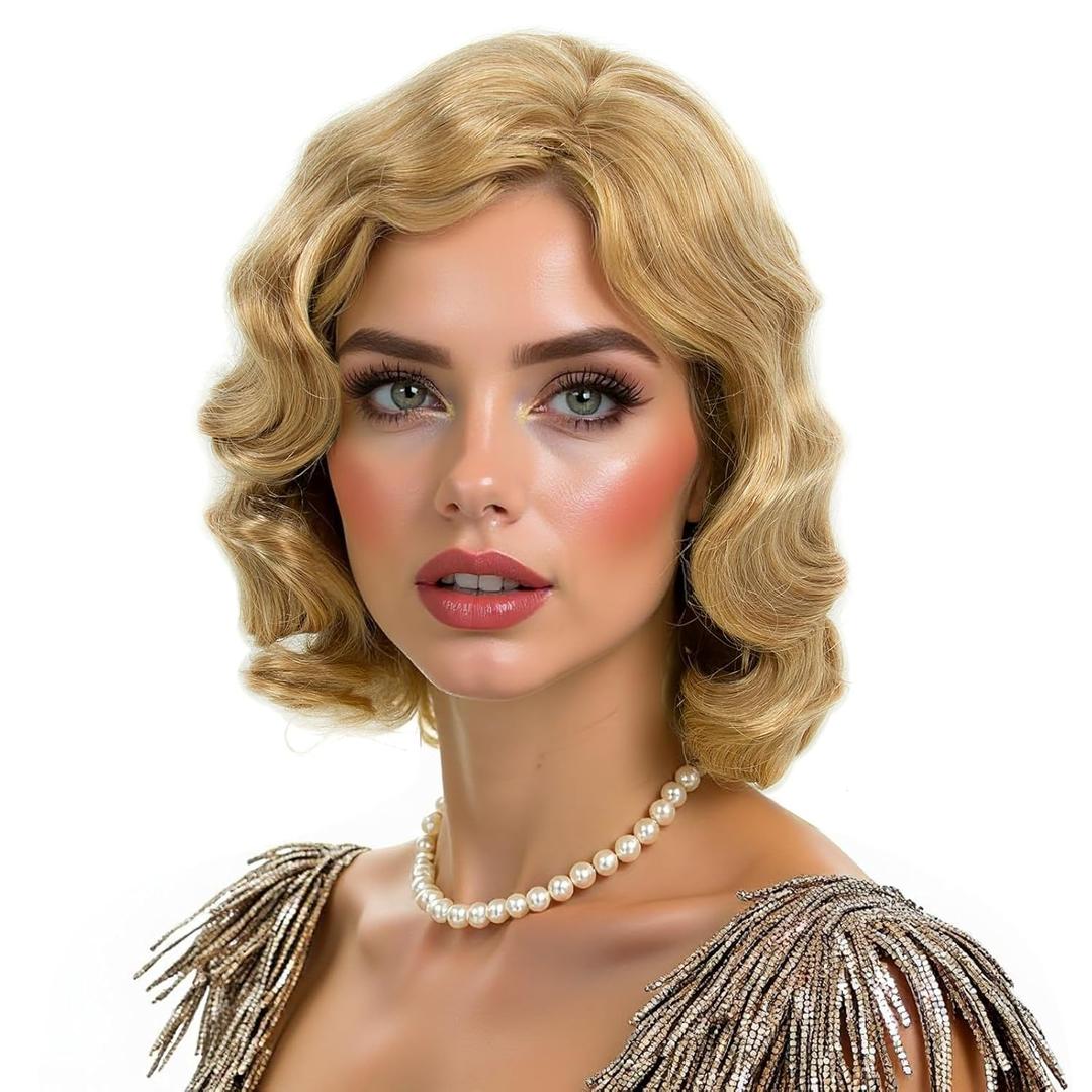 Blonde 20s Wig for Women Long Finger Wave Party Synthetic Full Vintage Wigs for Womens Lady Cosplay Costume Fancy Dress 1920s Flapper Wig