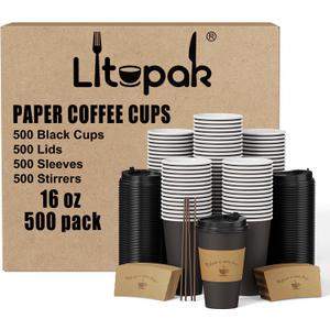 LITOPAK 500 Pack 16 oz Disposable Coffee Cup with Lids, Sleeves, and Stirring Sticks, Black Hot Paper Coffee Cups for Home, Travel, Office, Party