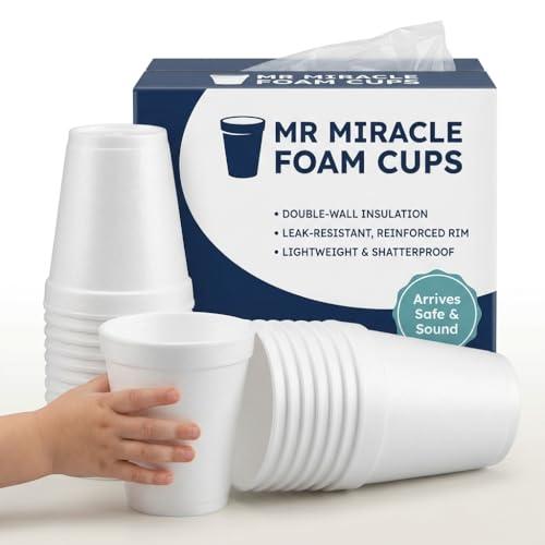 Mr Miracle 8 oz Styrofoam Cups, Disposable Foam Coffee Cups (100 Pack), Insulated White Foam Cups for Hot & Cold Drinks, Comparable to Industry Standard 8J8 Foam Cups, Made in USA