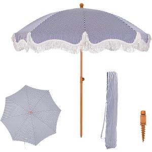 PHI VILLA 7ft Beach Umbrella with Fringe & Sand Anchor, Outdoor Patio Heavy Duty Windproof Portable Tassel Umbrellas for Sand with Push Button Tilt & Carrying Bag, UPF 50+, Stripe Blue & White