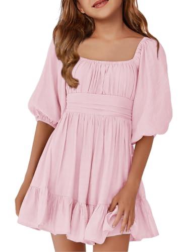 Girls Summer Dresses Square Neck Lantern Sleeve Tie Backless Ruffle A-Line Party Mini Dress Pink, 150