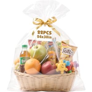 NUITPY 22 Pcs Cellophane Bags, 24 x 30 Inchs Cellophane Wrap for Gift Baskets, Durable Cellophane Gift Bag, Clear Basket Bag - Complimentary 22 Pcs Golden Twist Ties