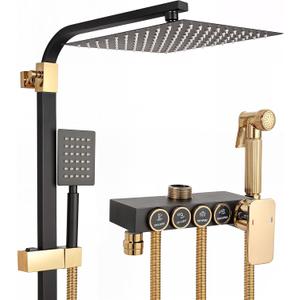10-Inch Rain Shower Head with Handheld Spray Wand - Luxury Spa Rain Shower System with Waterfall Showerhead - Modern Square Rainfall Shower Head Set, 100% All Metal Parts (Matte Black/Gold)