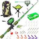Kids Fishing Pole, Kids Portable Telescopic Fishing Rod Set, Tackle Box and Fishing Net Combo Kit, Kids Fishing Gear for Boys and Girls Age 5-10 and Youth (Camo Green)