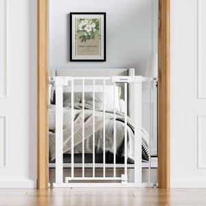Babelio Baby Gate for Doorways and Stairs, 26-31" Pet Gate with Wide Walk Thru Door and Lock Indicator, No Drill Pressure Mounted Safety Gate with Double Lock and Self-Closing, White