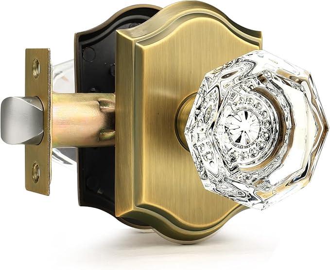 Gobrico Octagonal Diamond Crystal Doorknob in Antique Brass for Hall/Closet,Passage Function for Interior Room,Keyless,1 Pack