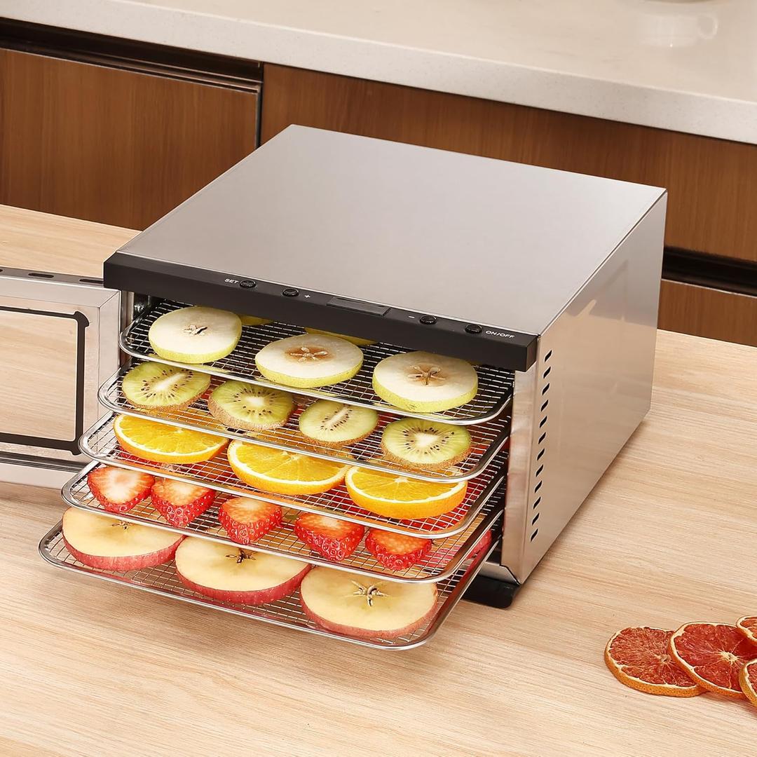 Food Dehydrator Machine - 5 Stainless Steel Trays, Digital Adjustable Timer, 400W, 176F, Temperature Control, Mini Dryer for Jerky, Herb, Meat, Beef, Fruit and Dog Treats, Model 2016SJY, Silver
