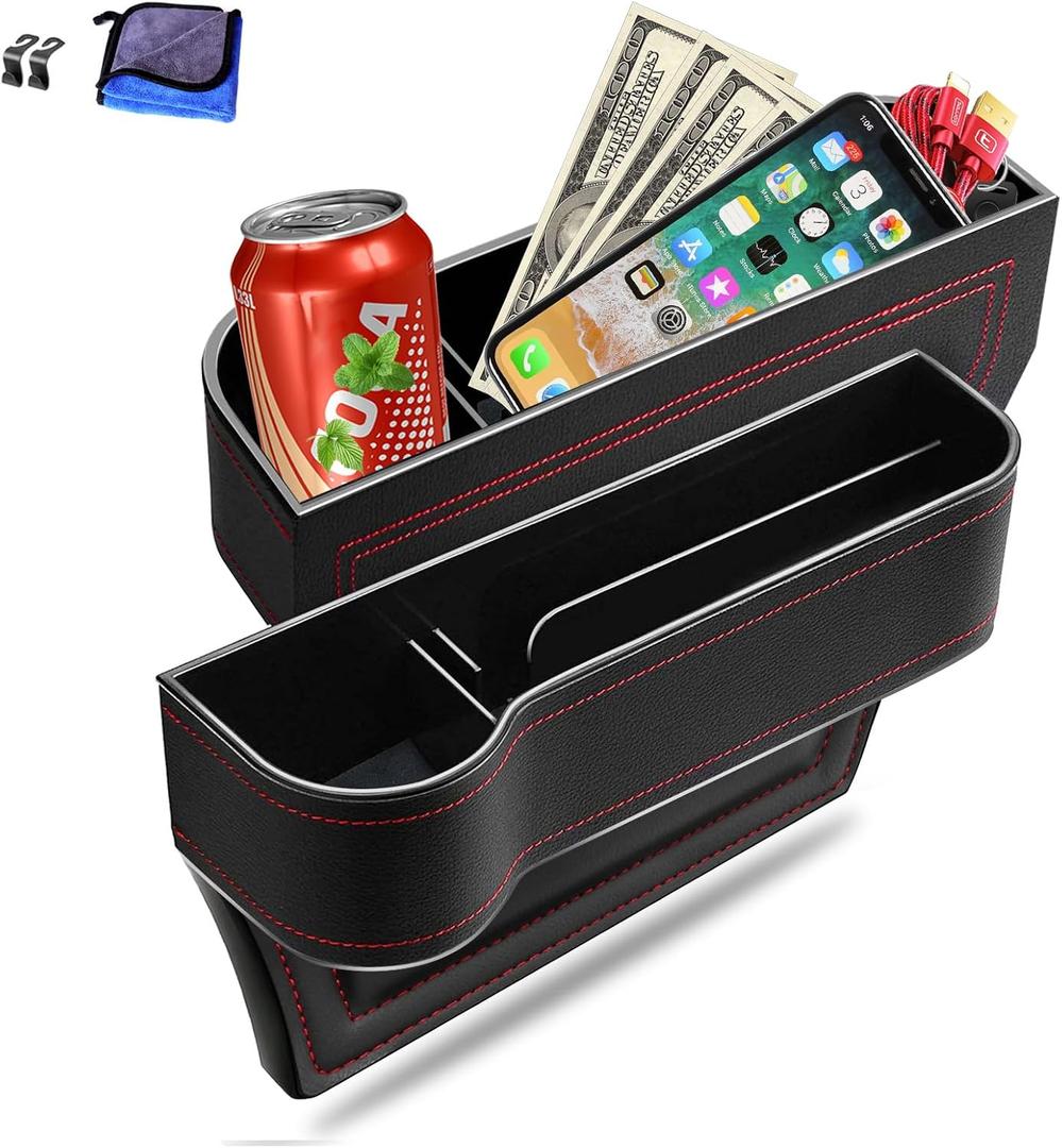 Car Seat Gap Filler Organizer, 2 Pack Multifunctional Car Seat Organizer, Auto Console Side Storage Box with Cup Holders 2 Seat Hooks for Drink, Car Organizer Front Seat for Holding Phone, Sunglasses