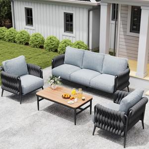 Outdoor Patio Furniture Set 6-Piece, Outdoor 5-Seat Sofa with Coffee Table, Waterproof Thick Cushion Patio Conversation Set, All Weather Outdoor Couch Set for Deck, Lawn, Balcony, Porch