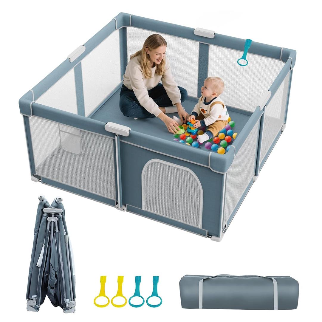 Foldable Baby Playpen - 50"×50" Collapsible Play Pen for Babies and Toddlers - Indoor Outdoor Play Pen with 4 Handles - Folding Baby Playpen with Carry Bag Portable Travel Play Yard