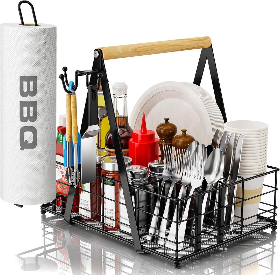 Grill Caddy with Paper Towel Holder, Picnic BBQ Condiment Utensil Organizer Caddy for Camping, Rv, Camping Accessories, Camping Essential, Camper Must Haves, Barbecue Tool Sets, Color A