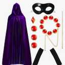 6Pcs Halloween Purple Cloak Cosplay Set For Women Hooded Cape Anime Cos Adjustable Red Gem Waist Gloves Eye Mask, Size 130
