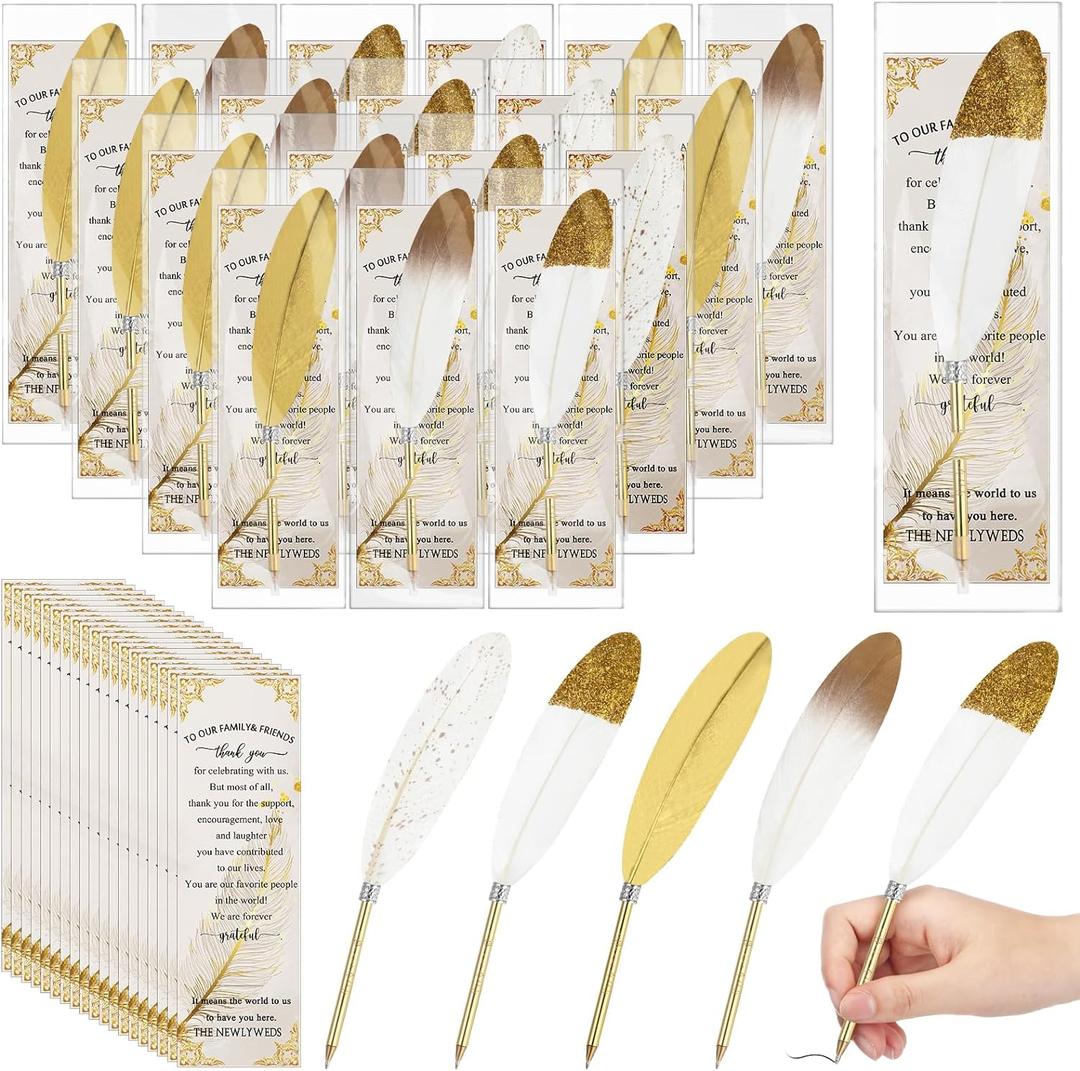 Spakon 25 Sets Feather Pen Wedding Favors Bulk bridal Shower Quill Ballpoint Pens Gold Vintage Bridal Shower Favors with Thank You Tags Wedding Gifts Souvenirs for Guest Signature(Classic)