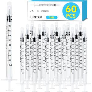 60 PCS 1ml Syringe with Cap for Liquid,Oral Syringes without Needle for Medicine Dropper, Colostrum Collect, Feeding Pets, Liquid Measuring, Individually Sealed, Luer Slip