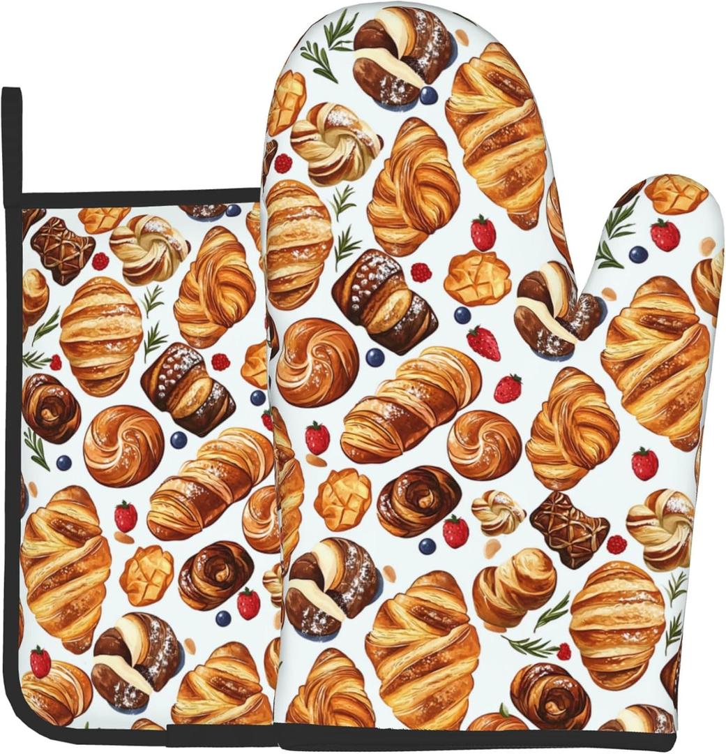 Oven Mitt and Pot Holders Sets - Food Oven Gloves Hot Pads Set of 2 Bread Kitchen Mitts for Cooking BBQ Baking Grilling (Delicious Toast and Fruit)