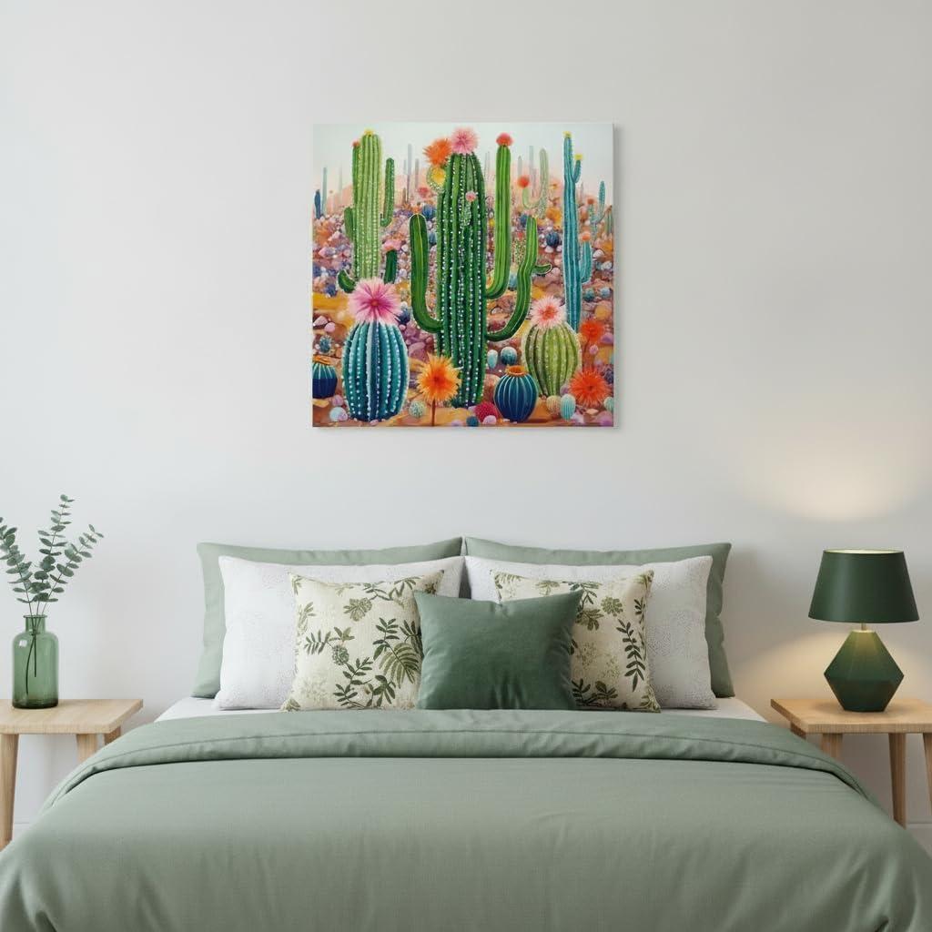 Goldfoilart Botanical Wall Art Framed Canvas - Boho Tropical Plant Print with Cactus & Succulents Green Floral Nature Artwork 24x24 Inch Ready to Hang for Bathroom Living Room Office