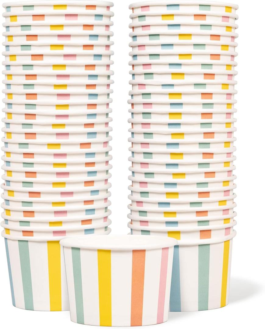 MATICAN Paper Ice Cream Cups, 50-Count 9-Oz Disposable Dessert, Snack Bowls for Hot or Cold Food, 9-Ounce Party Supplies Treat Cups for Sundae, Frozen Yogurt, Soup, Pastel Stripes