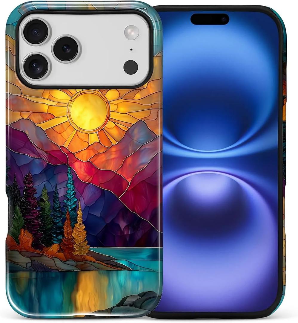 DAIZAG Case for iPhone 17 Pro Max, Mountain Range Sunrise Stained Glass Full-Body Design Hybrid Dual Protection Soft TPU Hard PC Shockproof Scratch-Resistant Protective Cover Phone Case for Men Women
