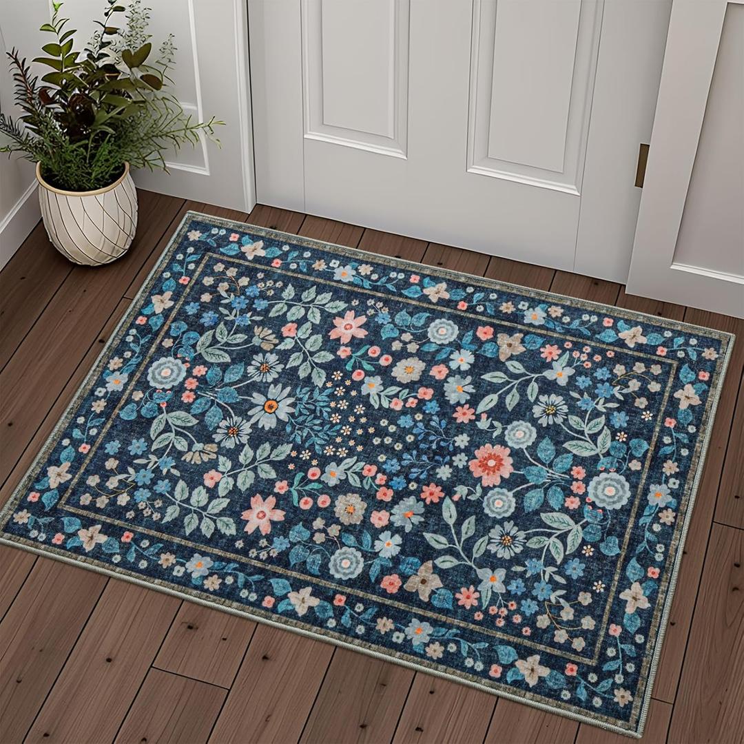 YIHOUSE Floral Blue 2x3 Washable Entryway Rug, Non Slip Boho Soft Bedroom Rug, Ultra Thin Small Colorful Throw Carpet for Entry Indoor Front Door Mat Dark Blue,2'x3'