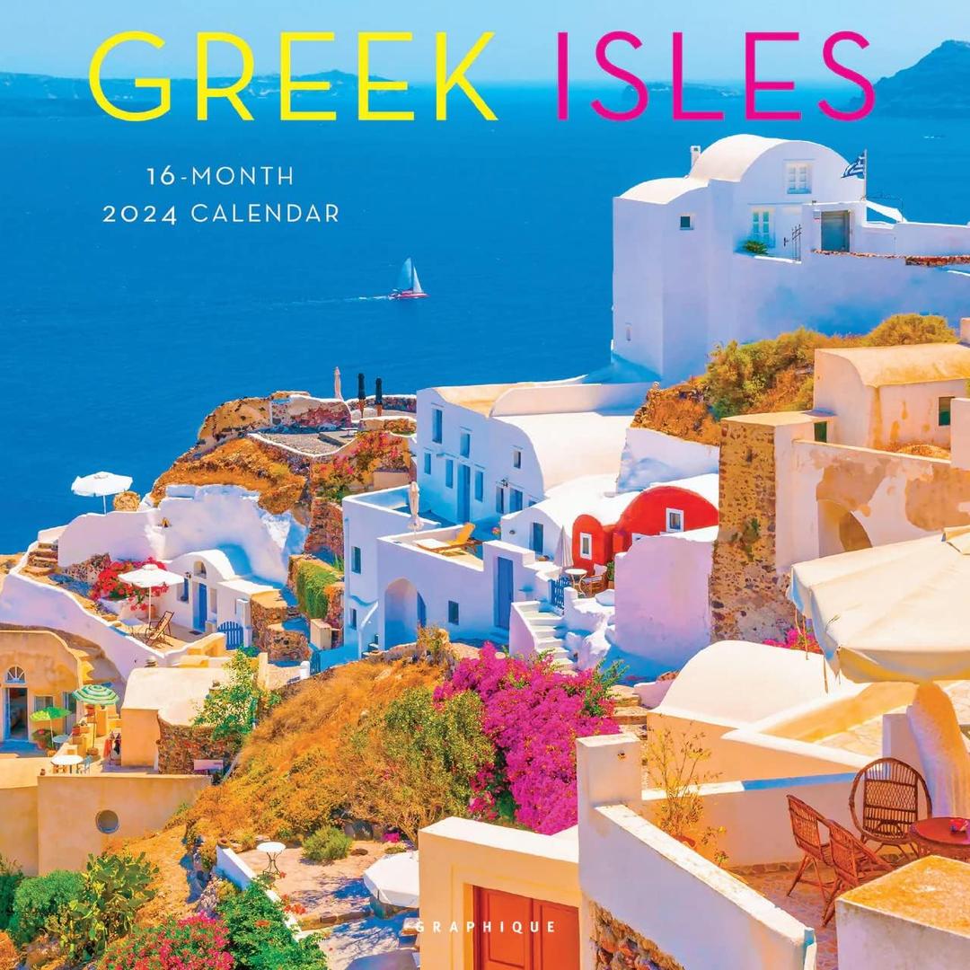 2 x Graphique 2024 Greek Isles Wall Calendar | 12 x 12 | Thick Paper | Home & Office Organizer | Large Monthly Grid | 3 Languages & Marked Holidays | 4 Month Preview Page for 2025