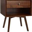 Walker Edison Mid Century Modern Wood Nightstand Side Table Bedroom Storage Drawer and Shelf Bedside End Table, 1 Drawer, Walnut