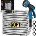 Metal Garden Hose 50FT, Stainless Steel Water Hose with 10 Function Nozzle, Solid Brass Fittings, Lightweight, Kink-Free & Dog Chew Proof for Lawn, Yard, RV, Car Wash, 550PSI