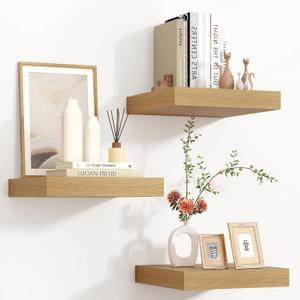 Square Floating Shelves for Wall 12"W x 12"D x 1.4"H, Small Engineered Wood Wall Shelves with Invisible Brackets for Living Room Bedroom Bathroom Office Kitchen Storage & Decor, Oak Finish, Set of 3