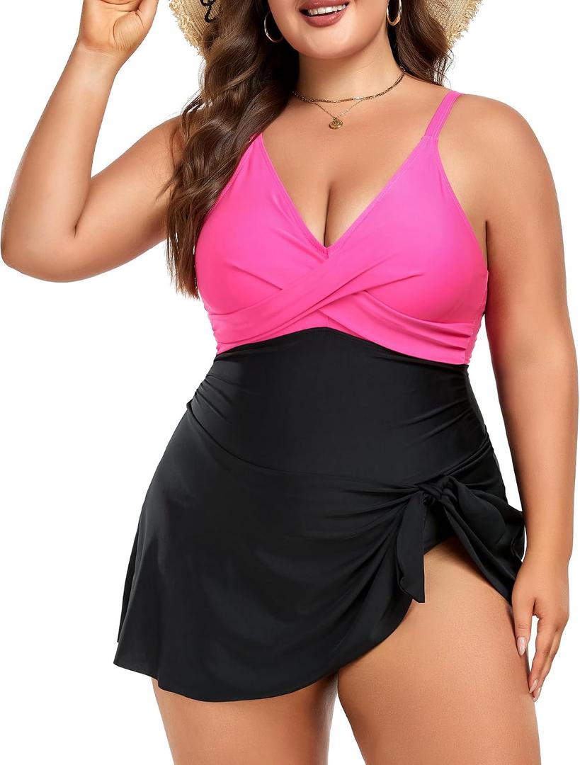 Women Plus Size Swim Dress Tummy Control One Piece Swimsuit Wrap Full Coverage Modest Bathing Suit Cute Tie Knot (Pink, XL)
