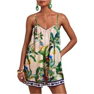 Milumia Women's Tropical V Neck Spaghetti Strap Romper Summer Vacation Loose Shorts Jumpsuits (L)