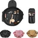 Drawstring Cosmetic Bag for Women – Barrel Drawstring Cinch Makeup Bag Open Flat Toiletry Bag for Travel with Brush Area (Black)