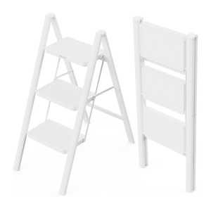 WOA WOA 3 Step Ladder, Folding Step Stool with Wide Pedals, Compact Stepping Stool for Kitchen, Sturdy Steel Ladders with Anti-Slip Feet, Supports up to 330 lbs - White