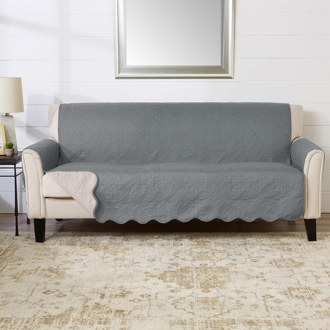 Great Bay Home Reversible Sofa Cover - Washable Slipcover Furniture Protector with Elastic Straps - Perfect for Kids & Pets - Quilted & Stitched Detail (Mirage Gray/Flax)