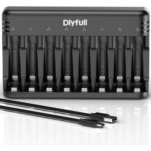 Dlyfull 8 Bay AA AAA Battery Charger with USB-C High-Speed Charging, Independent Slot for 1.2V Ni-MH Ni-CD Rechargeable Batteries, Cable Included