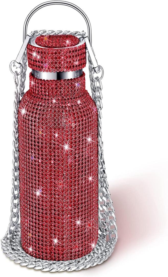 Diamond Water Bottle Bling Rhinestone Stainless Steel Thermal Bottle Refillable Insulated Glitter Water Jug with Chain for Women Girls Gifts(750 ml,Red) (25.4 Ounces)