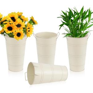 Notakia 12 Inch Large Galvanized Metal Vases Farmhouse French Flower Bucket Vases for Cut Flowers for Home Decor and Wedding Table Centerpiece Decorations (Large Beige 4Pcs)