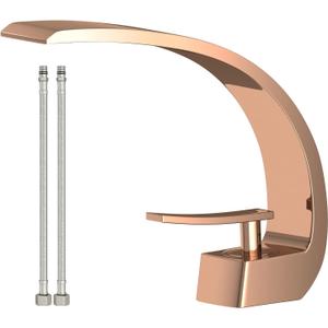 Rose Gold Modern Bathroom Sink Faucet, 1 Hole Single Handle Deck Mount Vanity Mixer Tap, Solid Brass Faucet with Deck Plate for Basin Sink