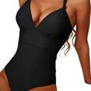 Herseas Women's Twist Cut Out One Piece Swimsuit V Neck Knotted Tummy Control Bathing Suit (Black, XXL)