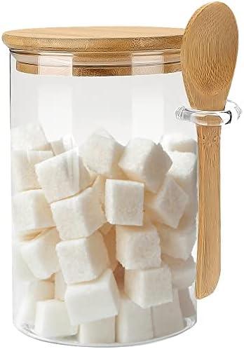 Glass Sugar Container with Spoon - 1 Pack 15oz Glass Jars with Bamboo Lid and Spoon, Bamboo Lid Storage Jar Containers for Coffee Beans, Spice, Brown Sugar, Tea, Flour, Nuts, Candy, Salts and More