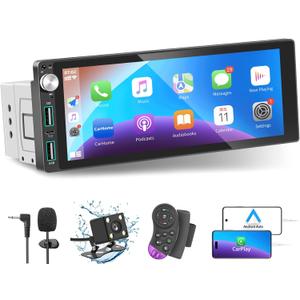 Single Din Car Stereo with Apple Carplay Android Auto,6.9 Inch IPS Touch Screen Car Stereo with Backup Camera, Car Radio Support Mirror Link Bluetooth Handsfree FM AM USB EQ SWC