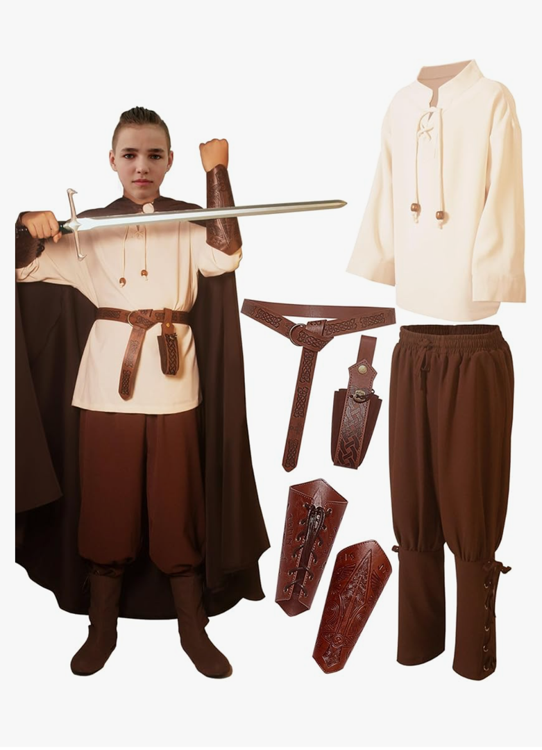 Kids Medieval Costume Boys Renaissance Viking Tunic Pants Accessories Outfit for Halloween Cosplay 4-12Y, Size:M