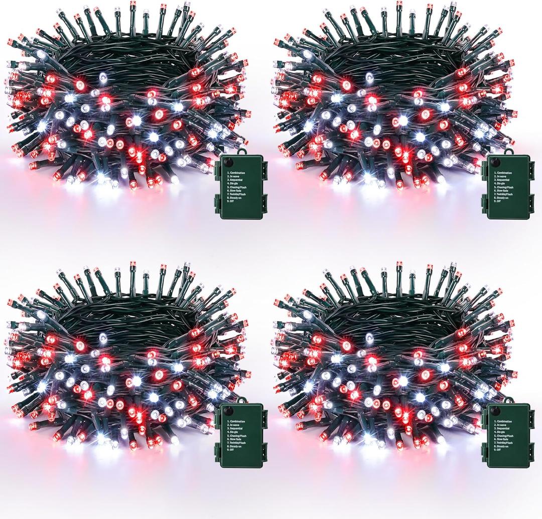 Lomotech Battery Operated Christmas Lights - 4 Pack Total 66ft 200LEDs String Lights 8 Modes Waterproof with Timer for Home, Garden, Party, Holiday, Tree Decoration (Green Wire, Red & White