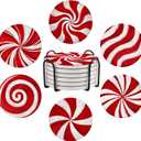 Red and White Candy Coasters with Holder 6 Pcs, Christmas Candy Drink Absorbent Coasters, Christmas Candy Ceramic Stone with Cork Base, House Warming Gift New Home Kitchen Decor, 4inches